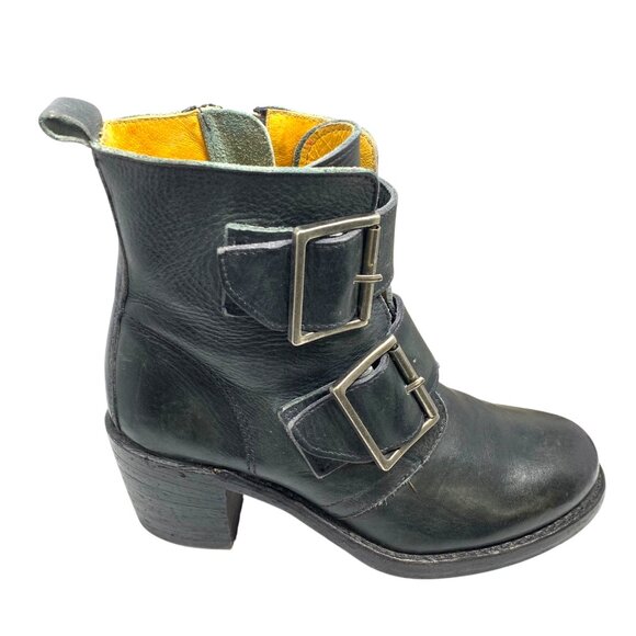 Frye Sabrina Black Leather Double Buckle Ankle Boots‎ - Picture 4 of 12